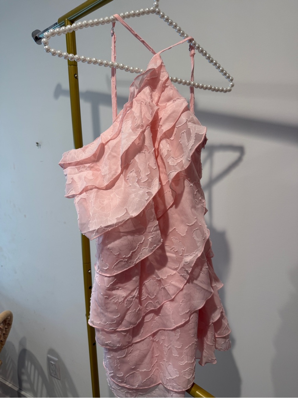 Pink Ruffled Floral Lace Mini Dress